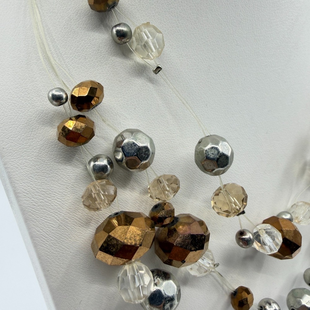 Multi Strand Beads Necklace Bronze & Silver Tone with Clear Crystals - Picture 4 of 13